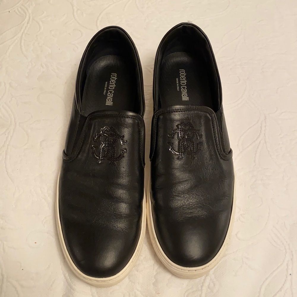 Roberto Cavalli black leather slip on sneakers with white sole